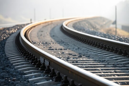 Curving railway tracks leading into the distance under a bright, hazy sky, representing travel, journeys, and forward momentum.