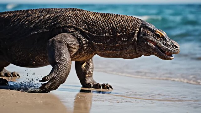 Komodo dragon on beach near water