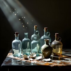 antique glass bottles and ceramic shards