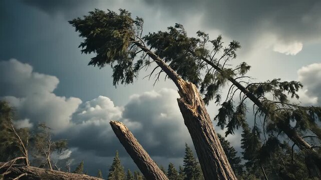 Forest with broken tree and stormy sky