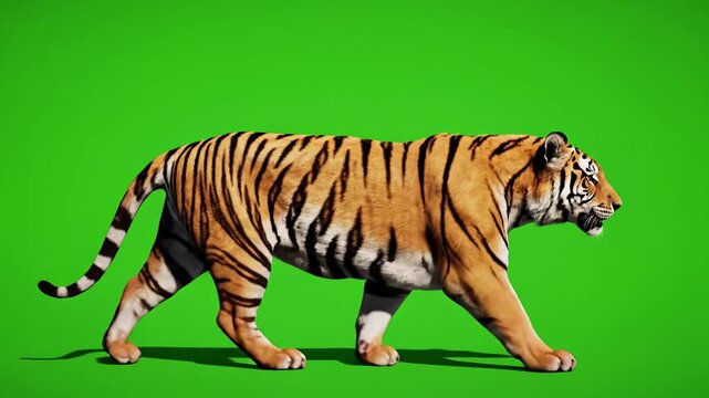 Green Screen tiger slowly walking seamlessly looped on real shot isolated chroma key perfect for digital composition cinema 3d mapping scene 1 with distortion, overlay, glitch, static noise, scan