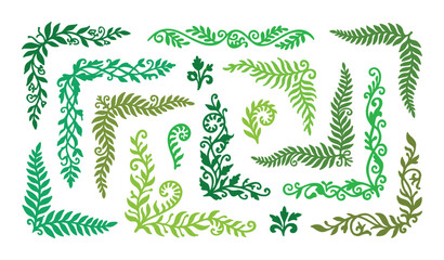Fern fronds for decoration. Green botanical design elements, corners and borders, embellishments illustration.
