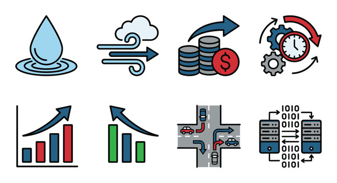 Flow types icons set includes water, wind, money, time, graph, traffic intersection, and data transfer.