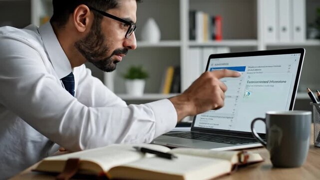 Professional man reviewing and approving tasks on a laptop, utilizing a digital management system to enhance workflow efficiency, optimize business operations, and achieve project success.