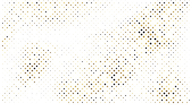 Golden dots pattern. Vector halftone gradient background with scattered shapes and diamond textures on white