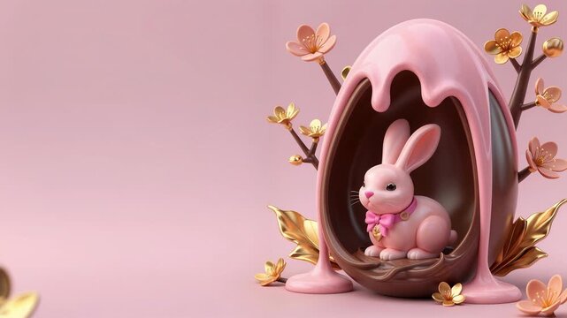 a pink bunny with a pink bow, sitting inside a chocolate egg-shaped nest with dripping pink icing. The nest is surrounded by small yellow and pink flowers on brown branches.