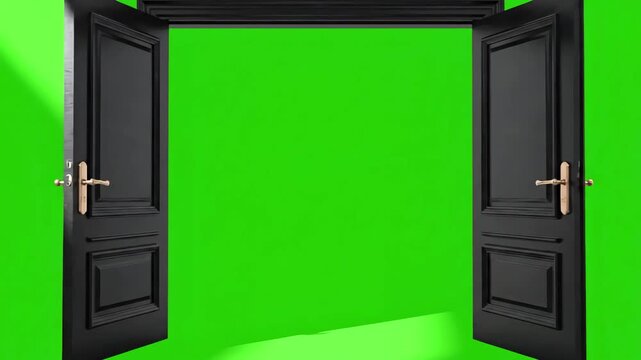 Green Screen black classic doors opening background animation 3d render alpha channel scene 1 with distortion, overlay, glitch, static noise, scan lines on background, 4k animated video loop