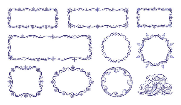 Hand drawn frames and wave elements. Decorative doodle style borders in royal blue for creative projects.