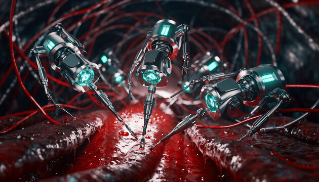 Advanced medical nanobots working inside organic tissue. Futuristic concept of microscopic surgery and molecular biotechnology.