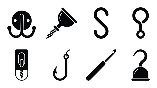 Hook types glyph icons set. Vector illustration of coat hook, S hook, fishing and pirate hook.