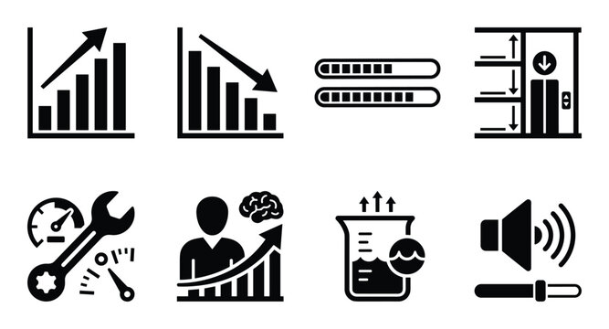 Icon set depicting business growth, decline, analytics, and functionality using various performance indicators.
