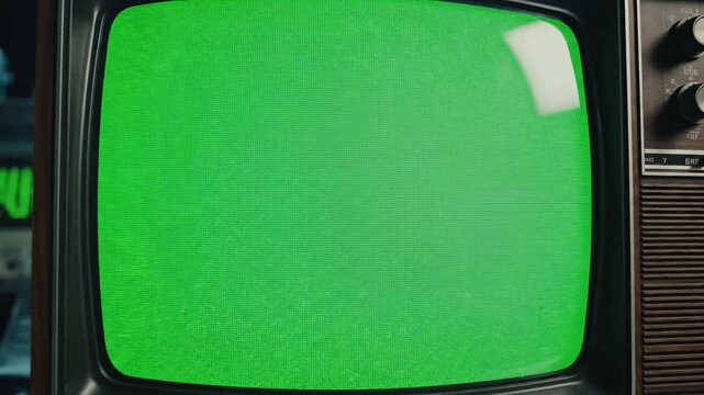 Green Screen retro 1980s tv vintage television with a glitches noise interference in laboratory scene 1 distortion, overlay, glitch, static noise, scan lines on black background, 4k animated video