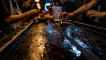 Close-up of a wet, dark wooden bar counter with condensation, bokeh background showing people socializing and drinking in a dimly lit nightlife setting.