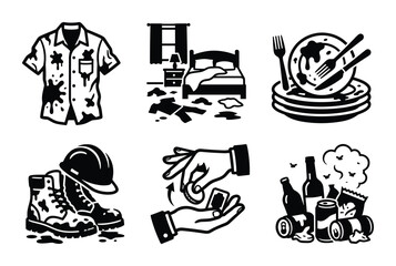 Obraz premium Icon set of dirty shirt, messy room, dirty dishes, work boots, money laundering, trash.