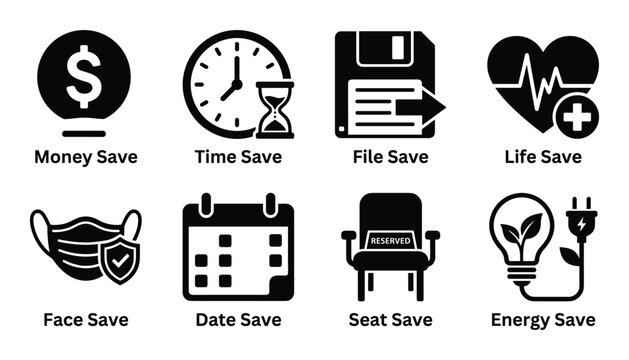 Icon set illustrating save types, depicting saving money, time, files, life, face, dates, seat, and energy.