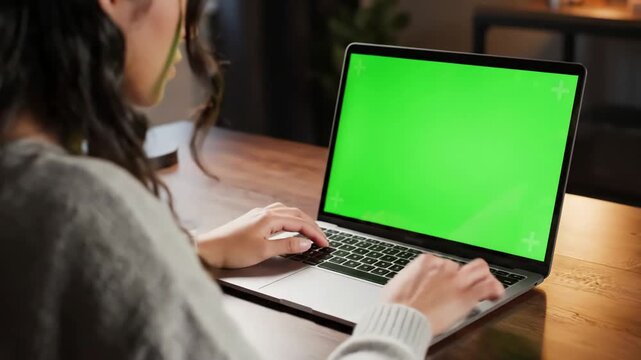 Green Screen over the shoulder shot of young woman working on modern laptop with mock up hands keyboard scene 1 distortion, overlay, glitch, static noise, scan lines black background, 4k animated