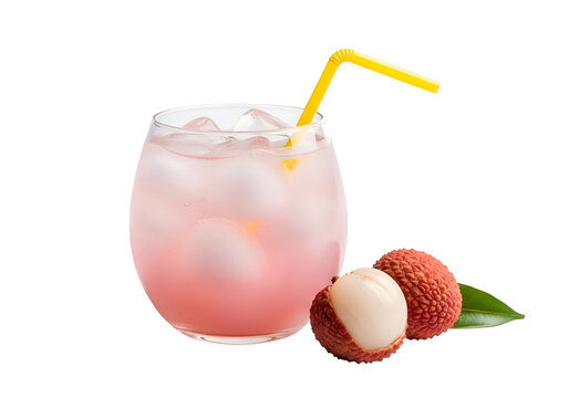 Refreshing Pink Lychee Drink with Ice and Fresh Fruit , Isolated on Transparent Background 