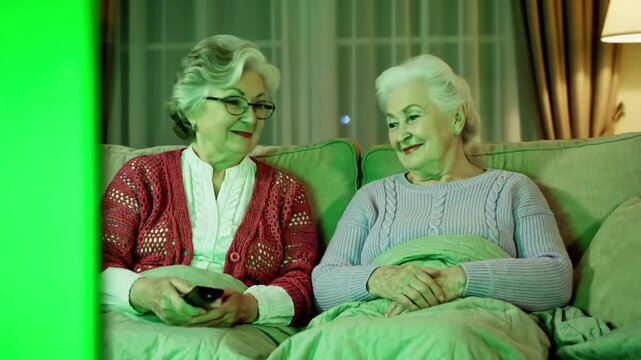 Green Screen women watching television with chroma girlfriends switching channels on tv remote controller sitting sofa together in living room spare time at home relaxing scene 1 distortion, overlay