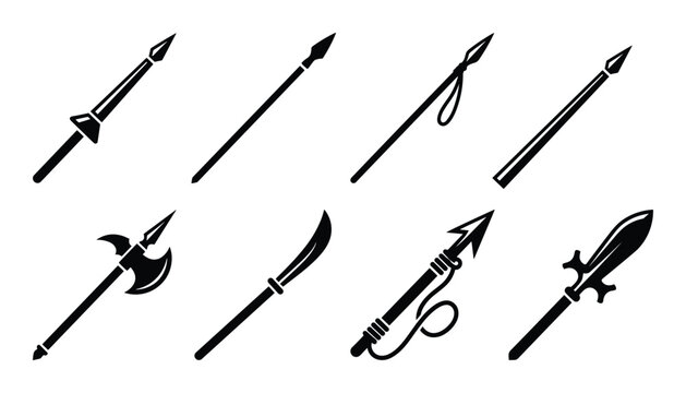 Medieval weapon collection. Halberd, glaive, polearm, lance, spears vector design set.