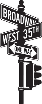 Broadway and west 35th street signs with one way arrow and traffic light vector graphic