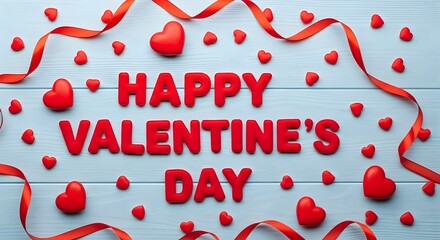Happy valentines day message with hearts and ribbon on blue background. Suitable for valentines day cards, social media posts, and banners.