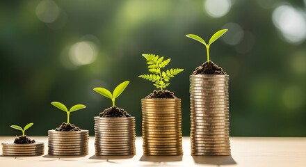 Sprouts on coins symbolizing financial growth. Great for finance, investment, growth concept in business presentations, articles, and websites.