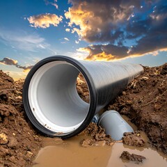 A large pipe lies on muddy ground with a sunset background