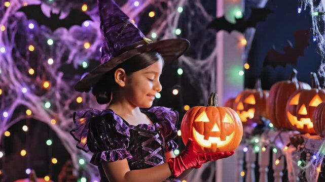 Young girl in witch costume holding pumpkin