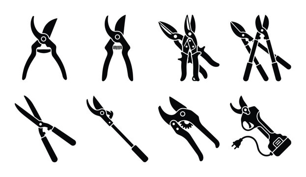 Selection of garden pruning tools. Assorted hand pruners, loppers, hedge shears, and electric pruners.