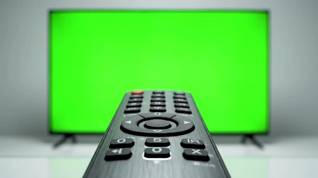 Green Screen Utility with person pointing a tv remote and pressing buttons in front of distortion, overlay, glitch, static noise, scan lines on black background, 4k animated video loop