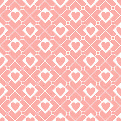 Seamless repeating geometric heart lattice pattern in blush pink and white, with hearts inside diamond shapes. Perfect for romantic designs, textiles, wallpaper, stationery, and packaging.