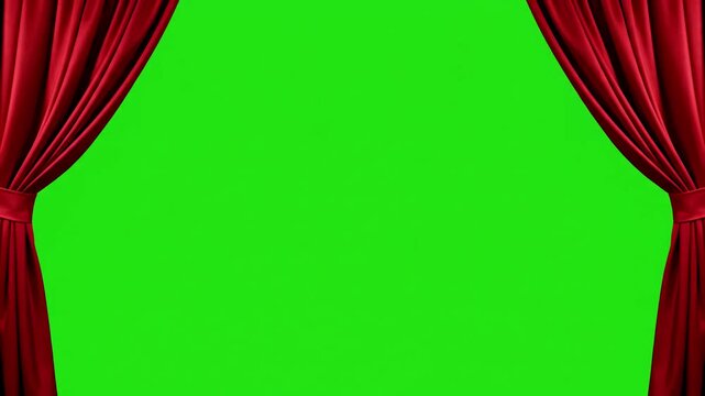 Luxurious Red Velvet Unfurling with real cloth stage silk curtain open on green screen for theater opera show scenes this opening are shooted camera slow motion cinematic distortion, overlay, glitch