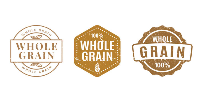 Set of three vintage rustic badges for organic one hundred percent natural healthy whole grain products