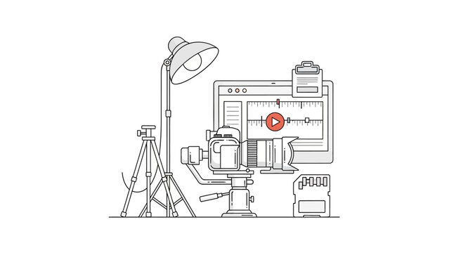 Video production studio setup with camera, light, and editing software.