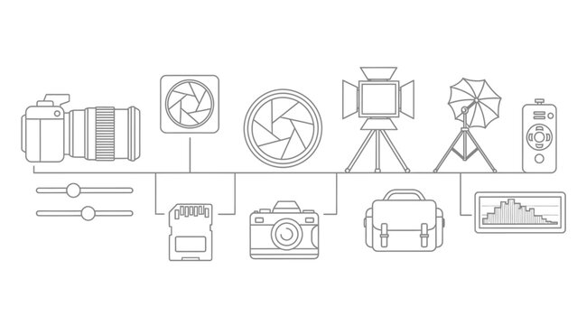 Collection of outline icons for photography and videography equipment.