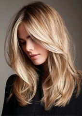 Fototapeta premium A close-up of a woman who is blonde hair with melted shadow roots, head tilted down to the side and model wearing black in a salon