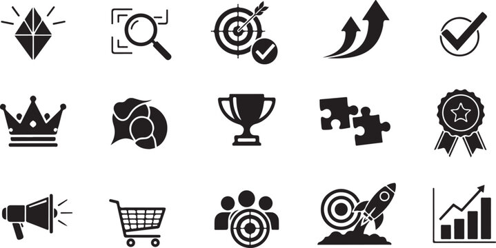 usp solid glyph icon set in black silhouette style featuring unique value, focus, benefit and marketing concepts.eps