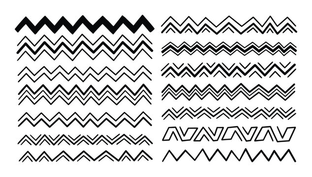 Set of seamless borders in tribal style. Vector doodle zig zag lines. Isolated on a white background.