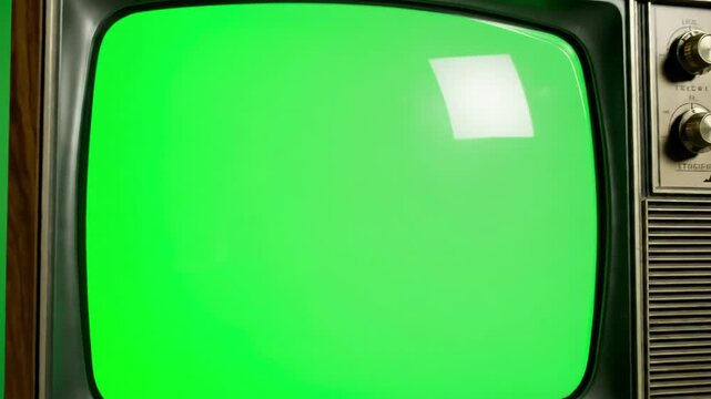 Nostalgic Broadcast Effect with vintage tv television green screen zooming into of an old style 4k distortion, overlay, glitch, static noise, scan lines on black background, animated video loop