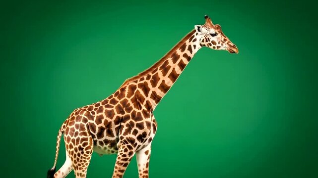 A solitary giraffe walks across a vibrant green background.