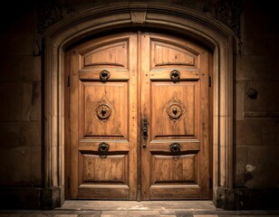 A large wooden double door with decorative metal hardware