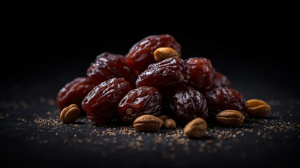 Obraz premium Pile of Premium Dried Dates with Almonds on Textured Dark Surface, Healthy Snack Mix and Superfood Concept