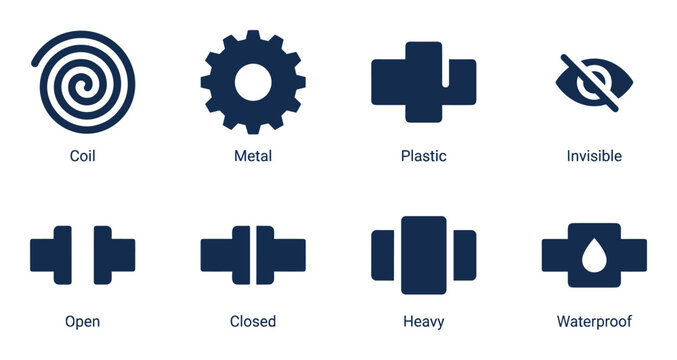 Various materials: coil, metal, plastic, invisible, open, closed, heavy, and waterproof vector icons.