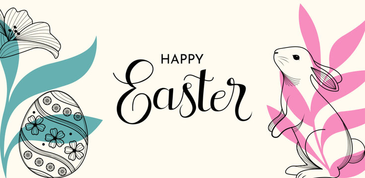Easter Banner With Floral Leaves And Ornamental Eggs Illustration Flat Design
