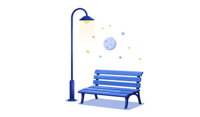 Minimal Night Park Garden with Blue Bench and Street Lamp Flat Vector Illustration © Abdul