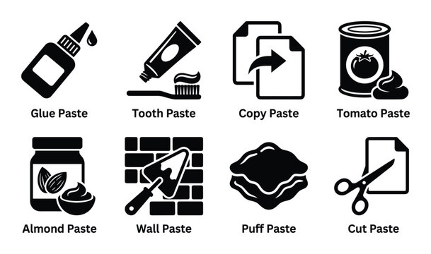 Vector glyphs collection of paste types illustrations. Including glue, tooth, copy, tomato and more.