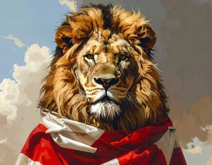 A lion wearing a red and white scarf against a cloudy sky