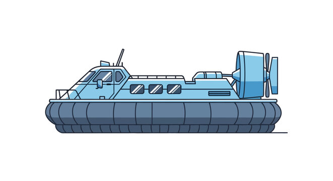 Blue hovercraft vehicle isolated flat vector illustration on white background.