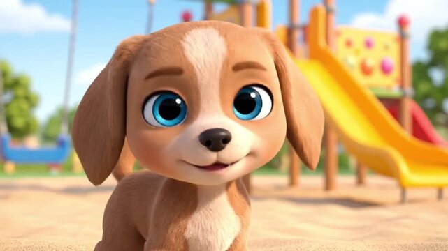 Adorable 3D animated puppy with big blue eyes standing happily in a sunny sandbox playground, looking directly at the camera, perfect for children's educational content and pet-related apps.