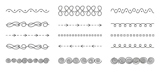 Obraz premium Vector set of decorative borders. Hand drawn doodle design elements, wavy, dotted, arrows, spiral, squiggly lines.